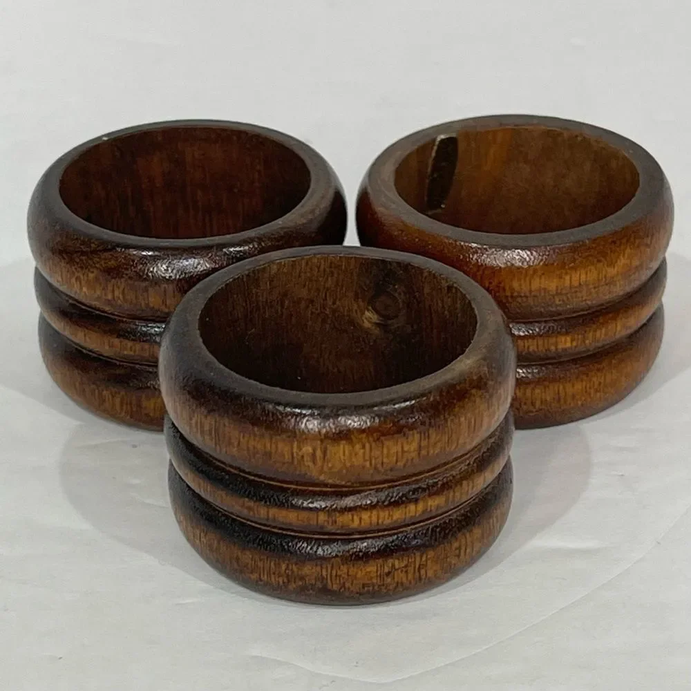 Rustic Wood Napkin Rings MCM Retro Cabin Farmhouse Casual Dark Brown Set of 7